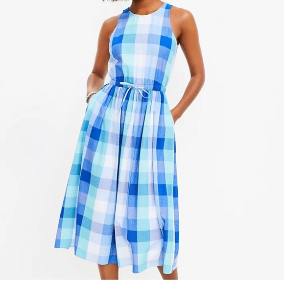 LOFT Plaid Cutout Back Midi Pocket Dress Blue Aqua White Size M. NWT - Picture 1 of 15
